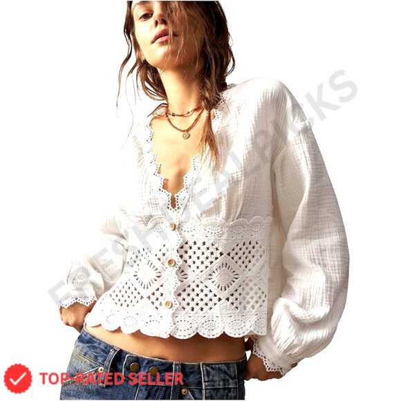 Tops - Vintage Crochet Patchwork Blouse Boho Deep V Neck Button Up Crop Top